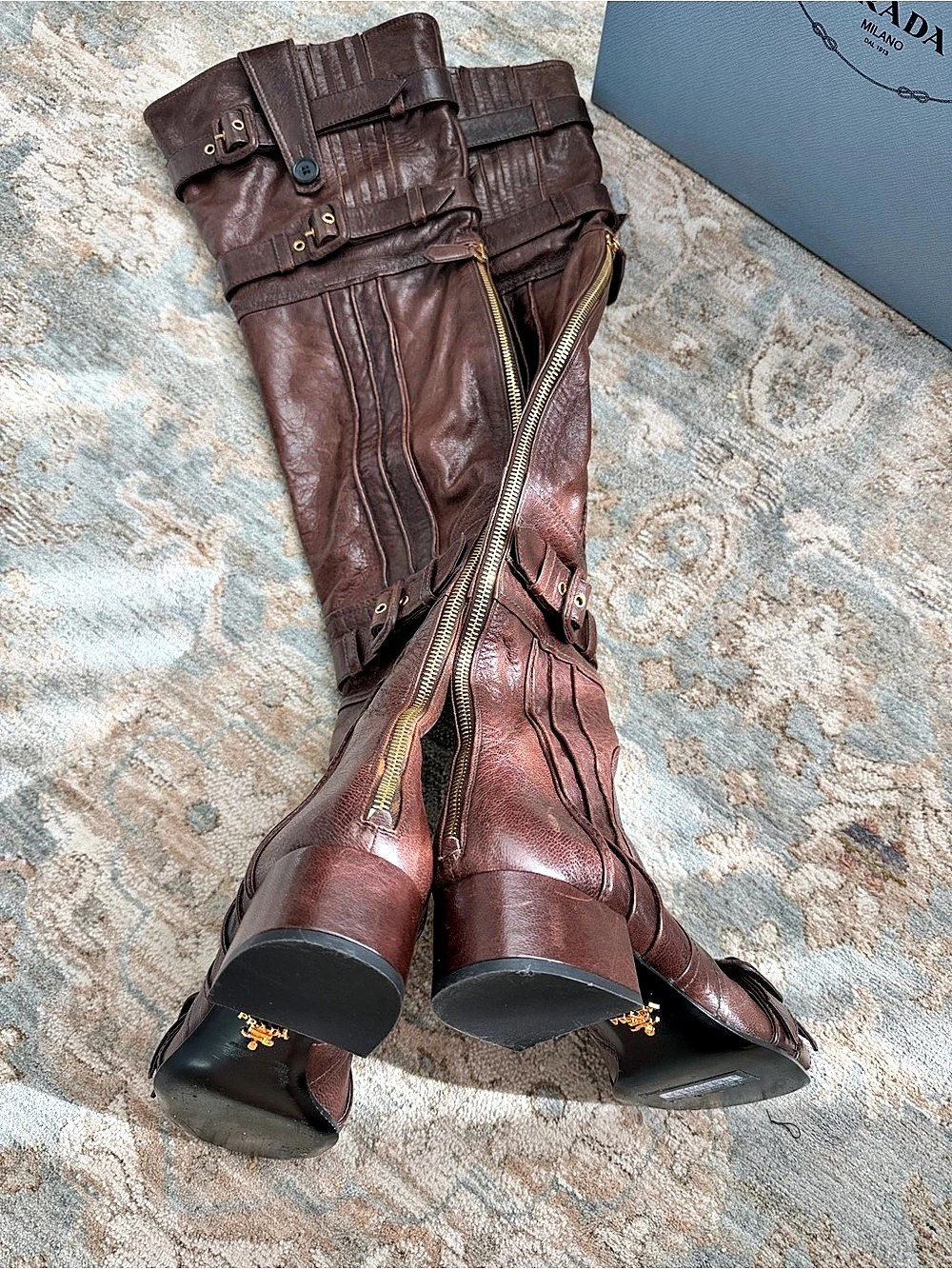 Runway Prada Capra Leather Over-The-Knee Tall Low Heel Boots Brown Size 37 EU - Picture 8 of 17